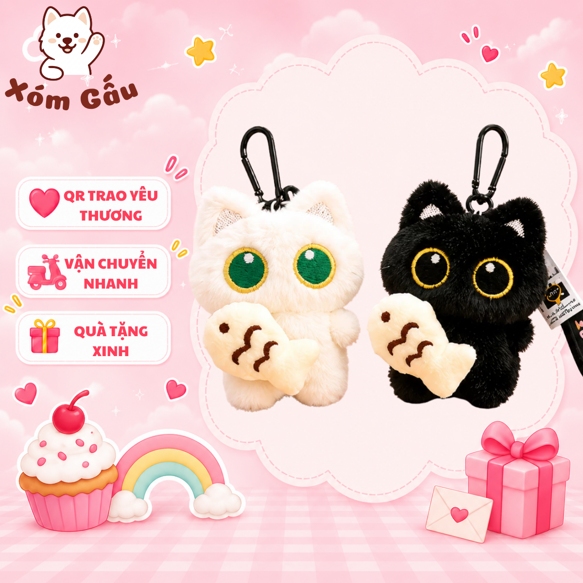 Móc Khóa Mèo Bông Ôm Cá Móc Khóa Mèo Bông Ôm Cá